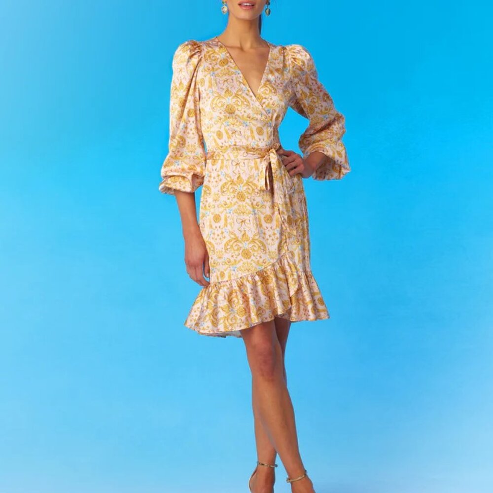 NICoBLU~new ~Cressida Short Wrap Dress ~Blush Pink French Regency Ribbons size 6